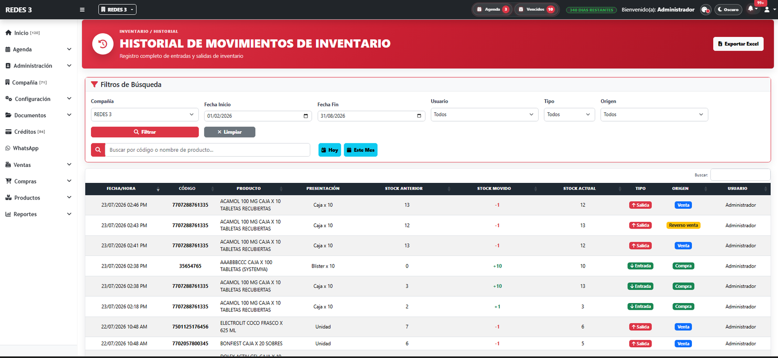 Historial de movimientos de inventario de Systemya POS