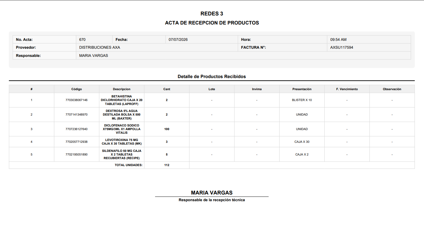 Acta de recepción de productos de Systemya POS